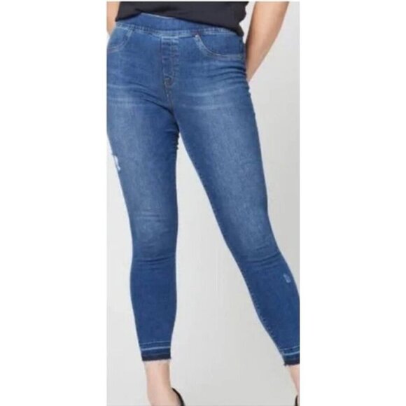 EUC SPANX Jeans Distressed High-Waist Skinny Fit Dark Wash Size M - Picture 1 of 9